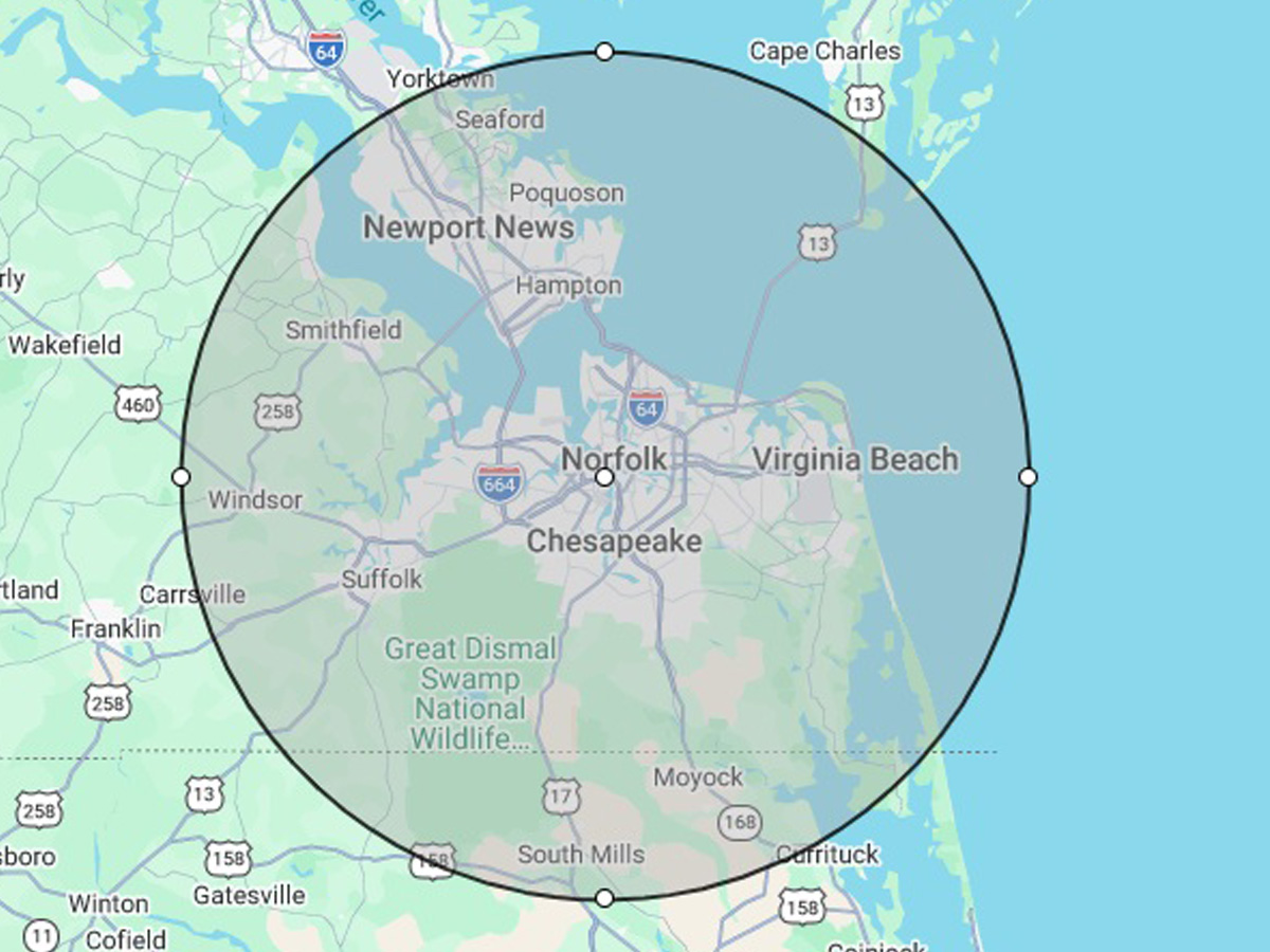 All-Spect Inspection Services coverage map — Hampton Roads Virginia
